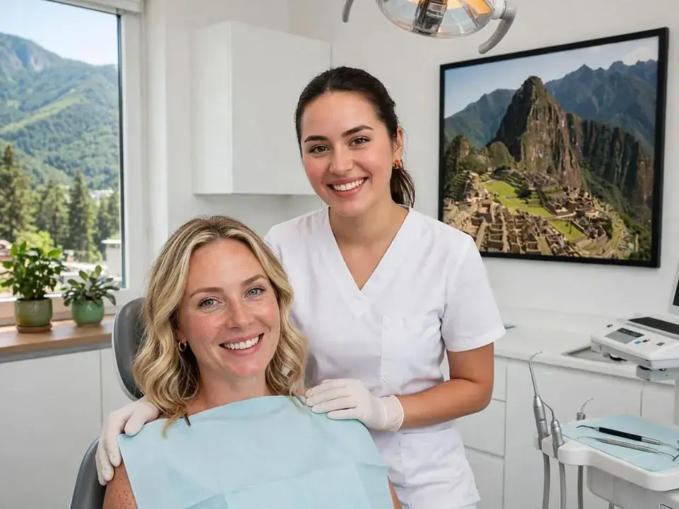 Especialista de Avelladent atendiendo a una paciente sonriente en el sillón dental