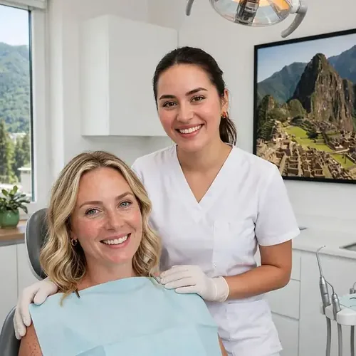 Paciente sonriente con su odontóloga después de su limpieza dental