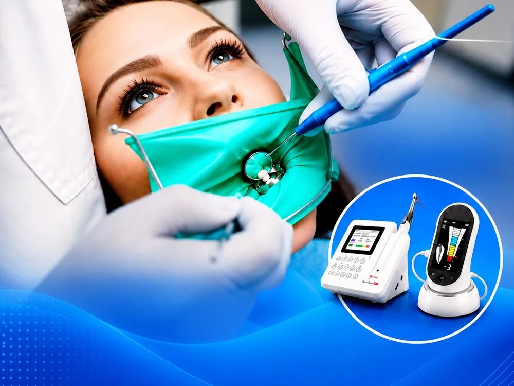 Endodoncia con dique de goma para aislar el diente, junto al motor y el localizador de conductos