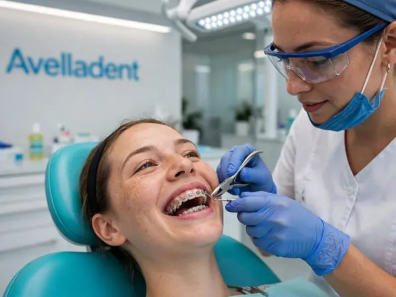 Especialista ajustando los brackets de una paciente sonriente
