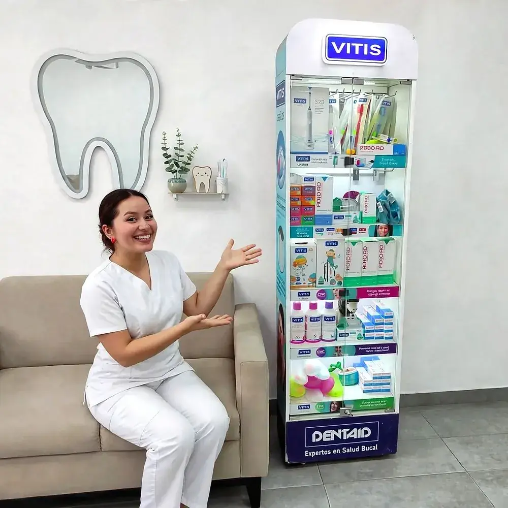 Especialista de Avelladent presentando la vitrina de productos de higiene bucal VITIS y DENTAID en la sala de espera